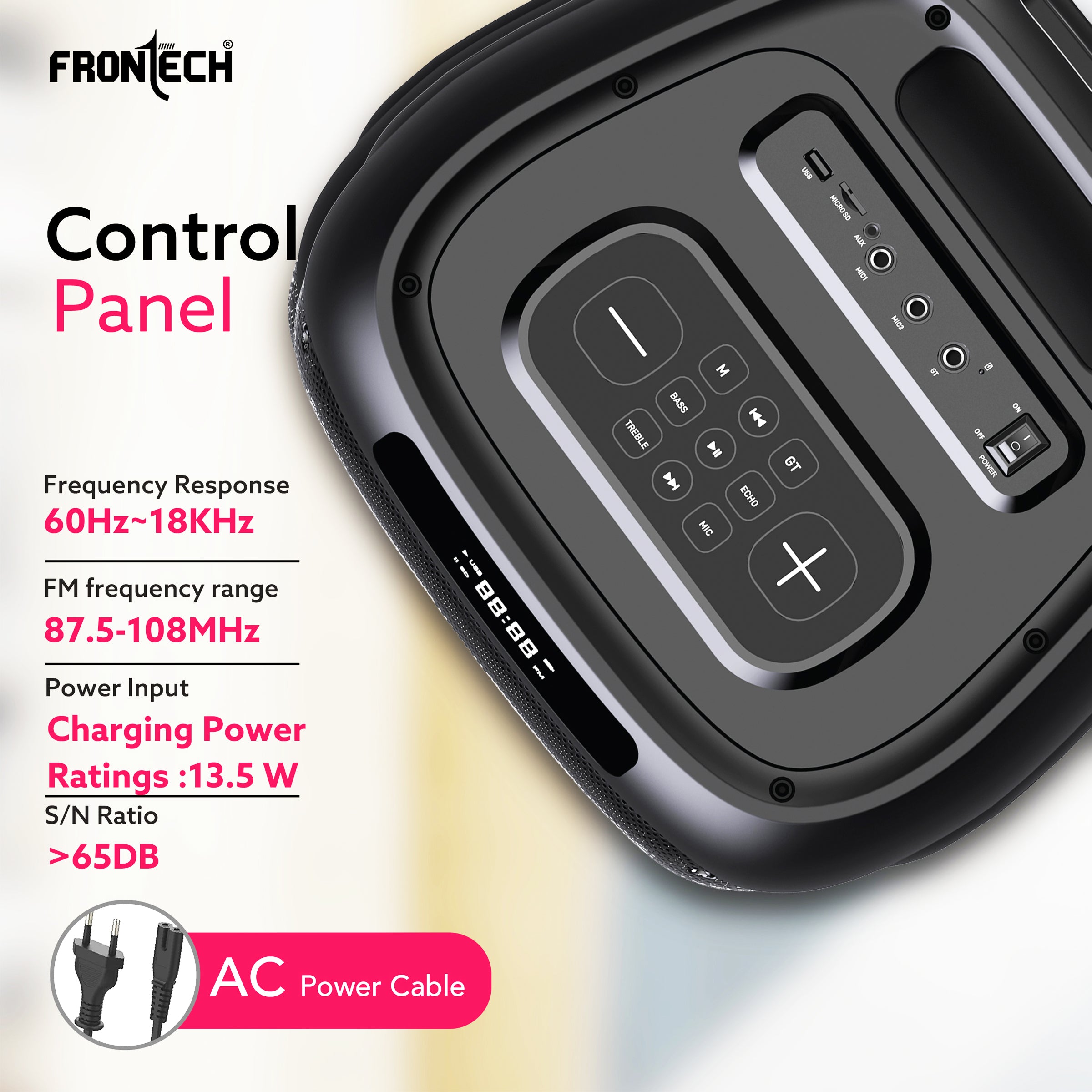 FRONTECH Smash PRO-95P Multimedia Bluetooth Speaker | 150W Output | RGB Lights | Wireless Mic & Karaoke | Dual 10 FRONTECH Smash PRO-95P Multimedia Bluetooth Speaker | 150W Output | RGB Lights | Wireless Mic & Karaoke | Dual 10